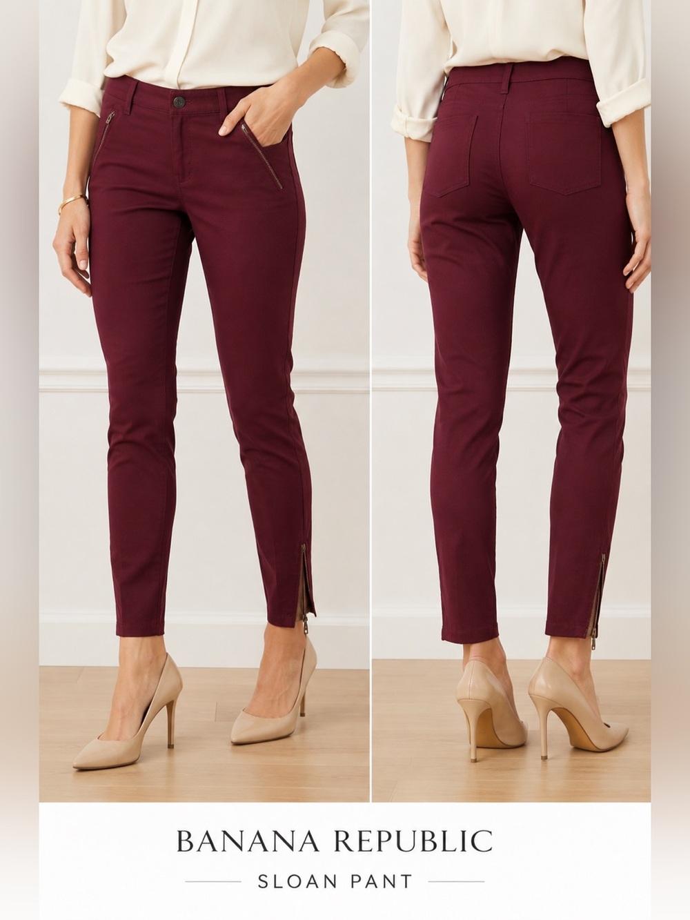 Banana Republic Sloan Burgundy Ankle Pants Zip Pockets & Hem Size 6